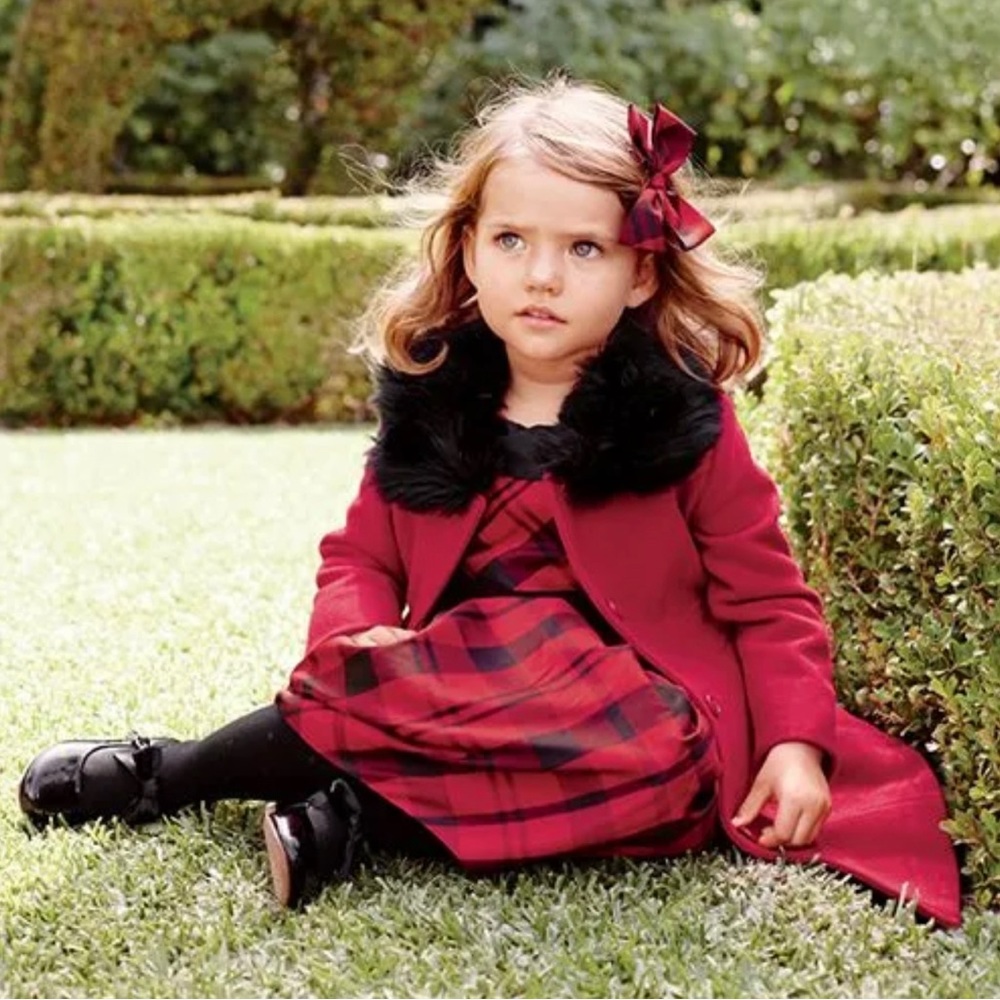 Elegant Red Plaid Kids Dress with Black Fur Collar
